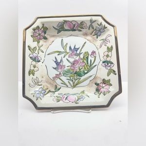 Vintage Asian Square Gold Rimmed Plate Birds Swallows Made in Macau MARKED